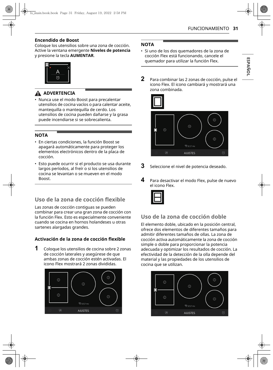 Uso de la zona de cocción flexible, Uso de la zona de cocción doble | LG Studio 36 Inch Induction Cooktop Owners Guide User Manual | Page 79 / 148