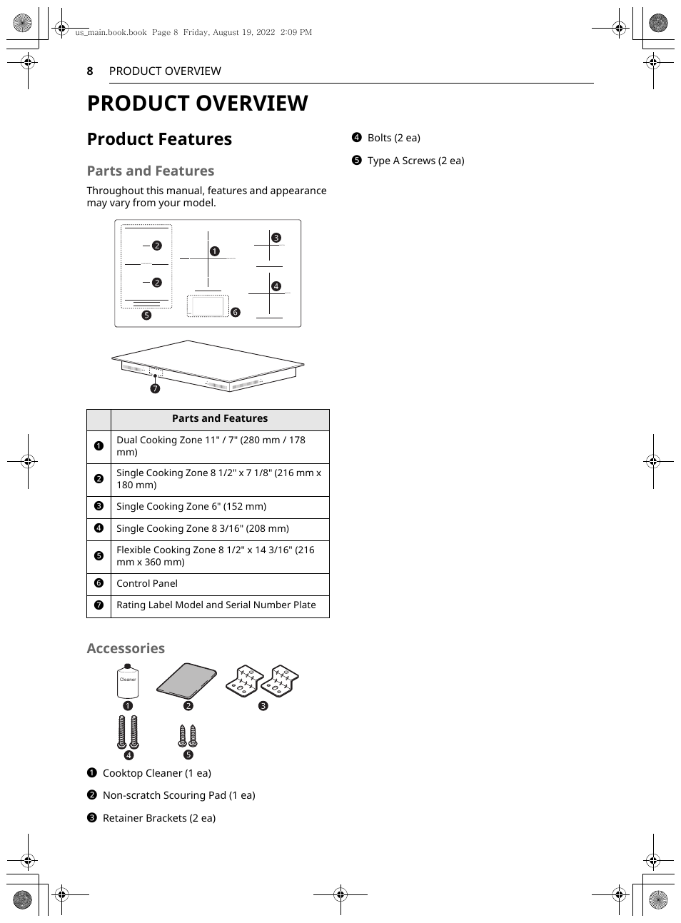 Product overview, Product features, Parts and features | Accessories | LG Studio 36 Inch Induction Cooktop Owners Guide User Manual | Page 8 / 148