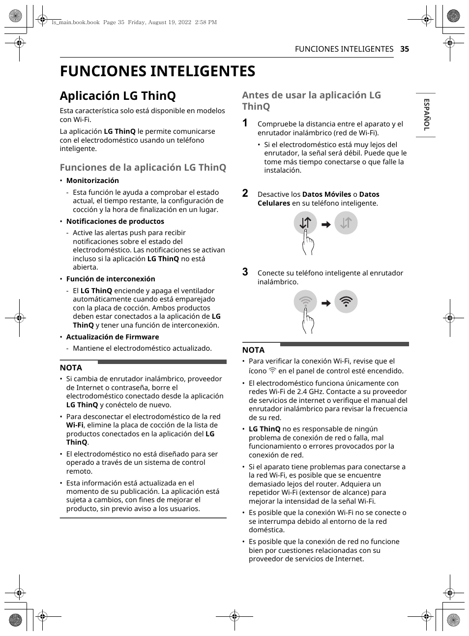 Funciones inteligentes, Aplicación lg thinq, Funciones de la aplicación lg thinq | Antes de usar la aplicación lg thinq | LG Studio 36 Inch Induction Cooktop Owners Guide User Manual | Page 83 / 148