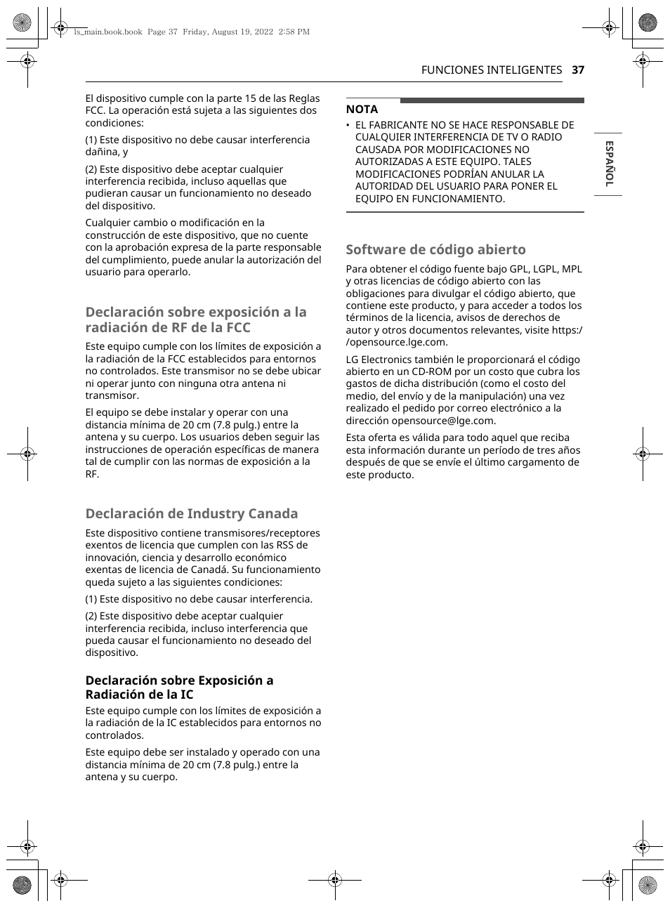 Declaración de industry canada, Software de código abierto | LG Studio 36 Inch Induction Cooktop Owners Guide User Manual | Page 85 / 148