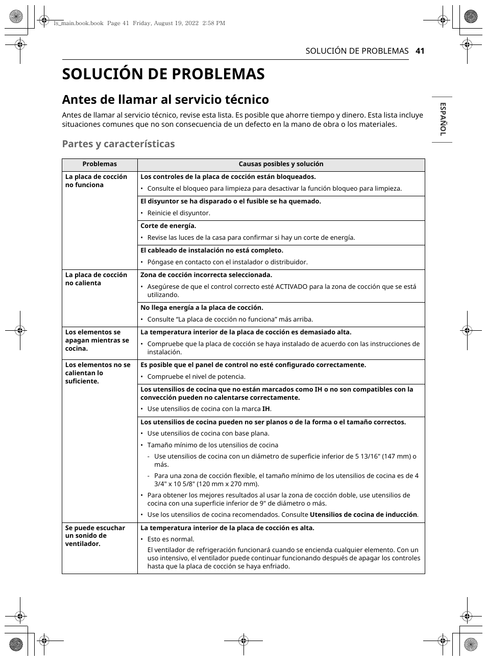 Solución de problemas, Antes de llamar al servicio técnico, Partes y características | LG Studio 36 Inch Induction Cooktop Owners Guide User Manual | Page 89 / 148
