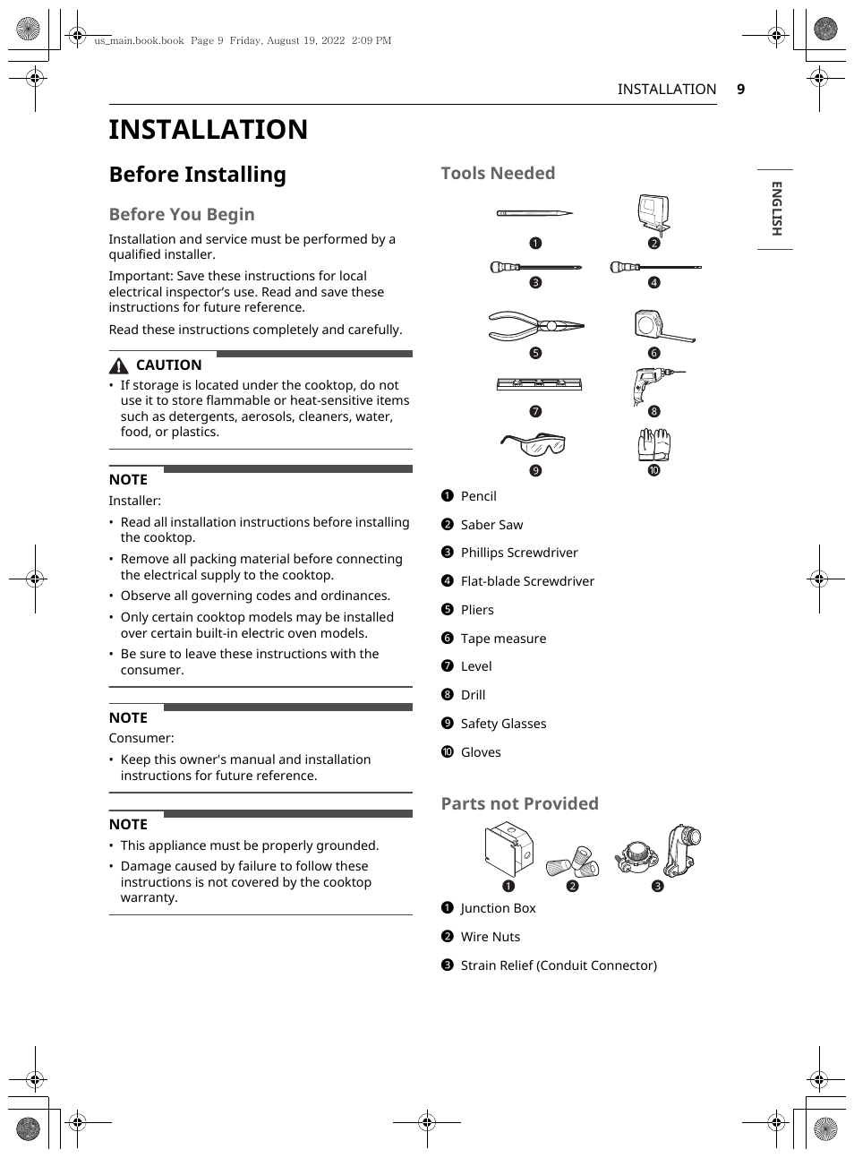 Installation, Before installing, Before you begin | Tools needed, Parts not provided | LG Studio 36 Inch Induction Cooktop Owners Guide User Manual | Page 9 / 148