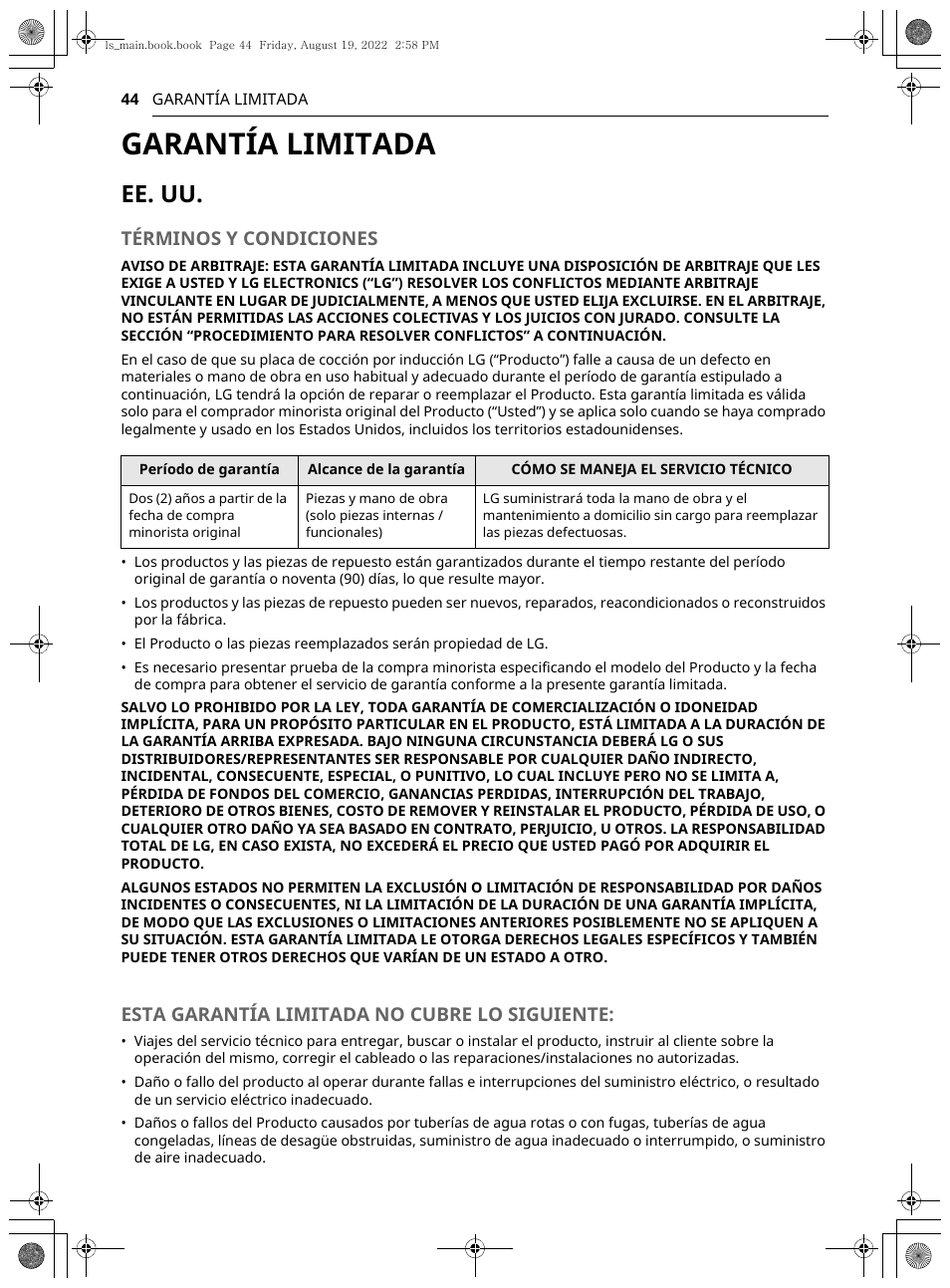 Garantía limitada, Ee. uu, Términos y condiciones | Esta garantía limitada no cubre lo siguiente | LG Studio 36 Inch Induction Cooktop Owners Guide User Manual | Page 92 / 148