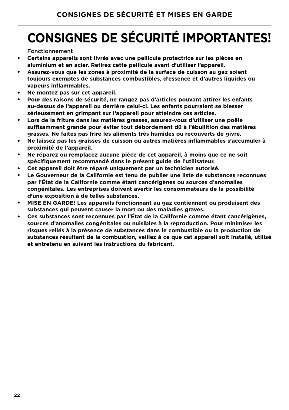 Consignes de sécurité importantes, Consignes de sécurité et mises en garde, Fonctionnement | Ne montez pas sur cet appareil | Fisher & Paykel Series 7 Contemporary Series 30 Inch Gas Cooktop User Guide User Manual | Page 24 / 38
