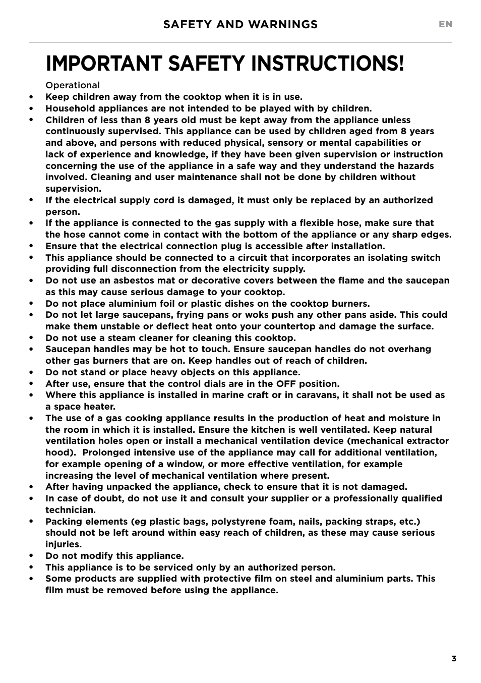 Important safety instructions, Safety and warnings, Operational | Do not modify this appliance | Fisher & Paykel Series 7 Contemporary Series 30 Inch Gas Cooktop User Guide User Manual | Page 5 / 38