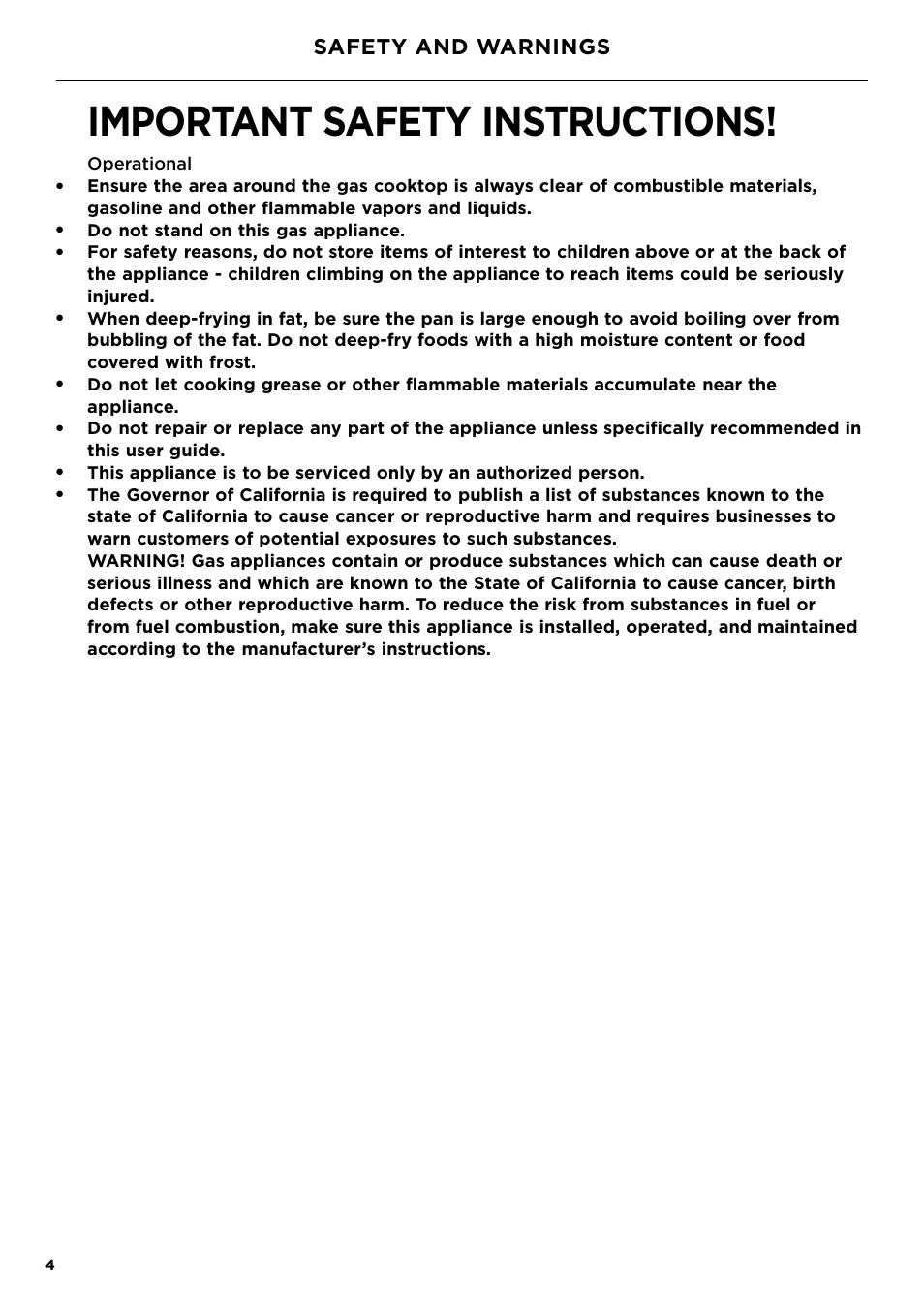 Important safety instructions, Safety and warnings, Operational | Do not stand on this gas appliance | Fisher & Paykel Series 7 Contemporary Series 30 Inch Gas Cooktop User Guide User Manual | Page 6 / 38