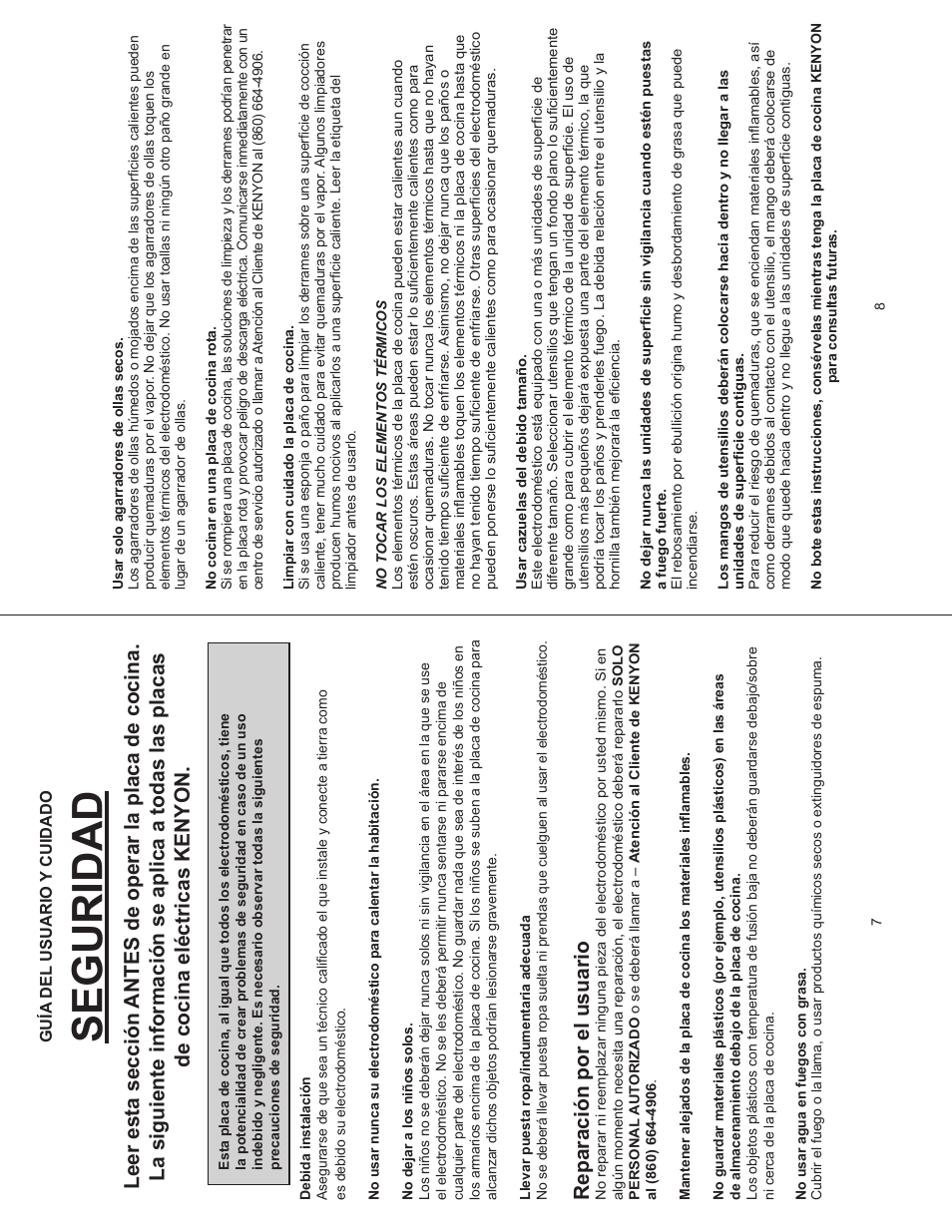 Seguridad, Reparación por el usuario | Kenyon Mediterranean Series 24 Inch Electric Cooktop Owners Manual User Manual | Page 32 / 36