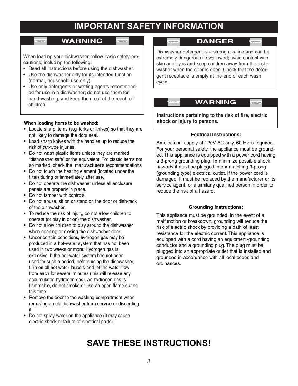 Warning, 3danger | Danby DDW497W User Manual | Page 4 / 9