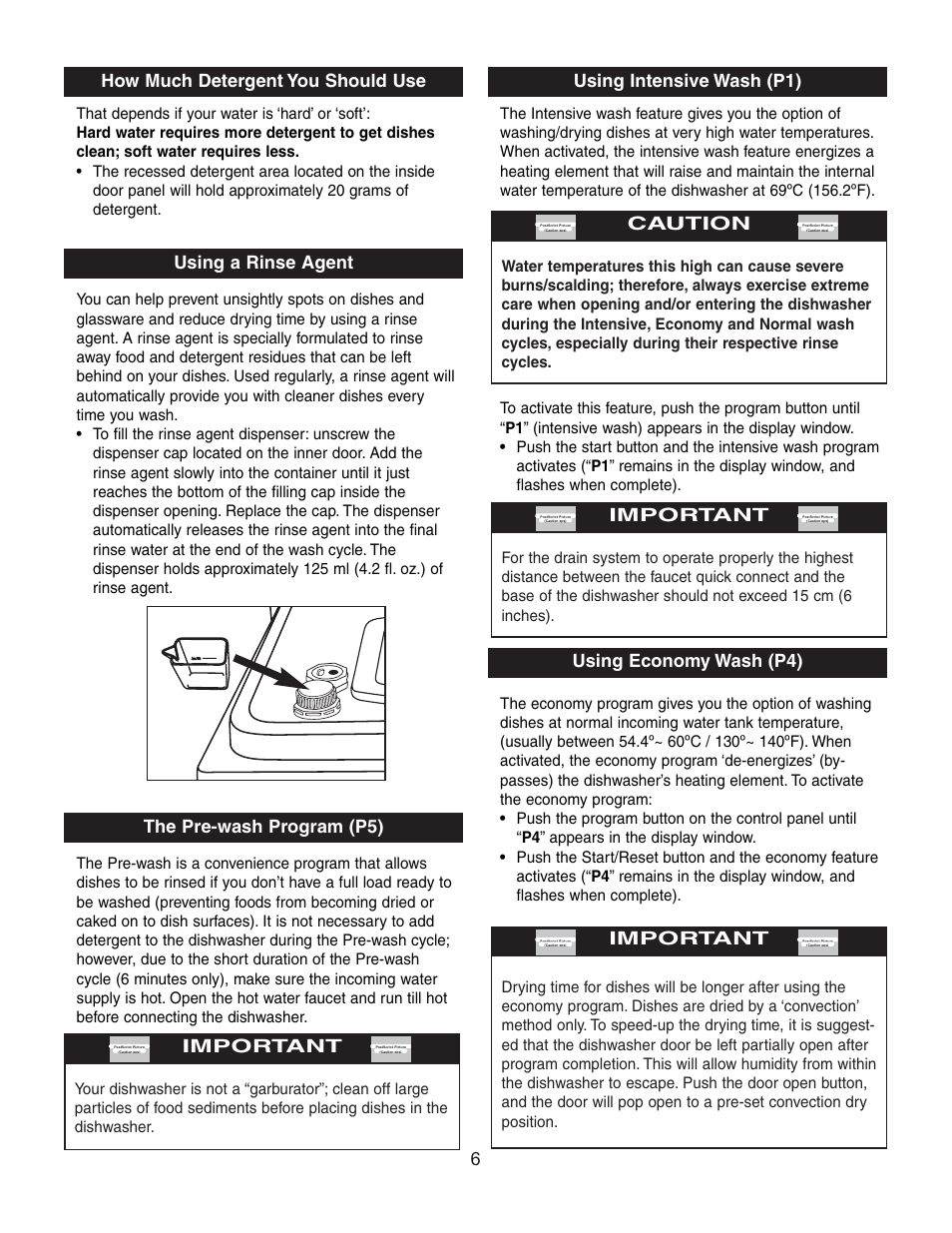 Using intensive wash (p1) caution, Important, Using economy wash (p4) important | Danby DDW497W User Manual | Page 7 / 9