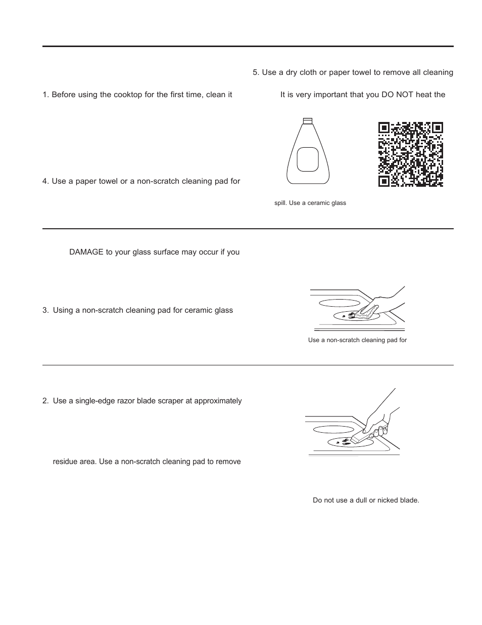 Care and cleaning: cleaning the glass cookto, Cleaning the glass cooktop, Glass cooktop | Burned-on residue, Heavy, burned-on residue | GE Profile 30 Inch Electric Cooktop Owners Guide User Manual | Page 12 / 58