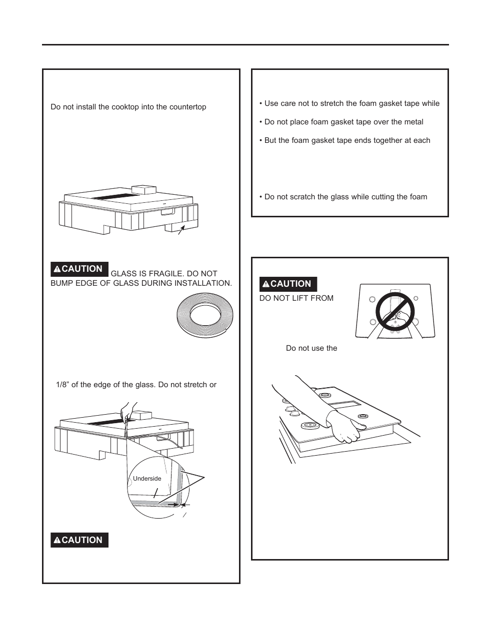 Installation instructions, Inst alla tion instructions, Installation preparation (cont.) | Cooktop installation, Installing the foam gasket, Installing the foam gasket (cont.), Installing the cooktop | GE Profile 30 Inch Electric Cooktop Owners Guide User Manual | Page 20 / 58
