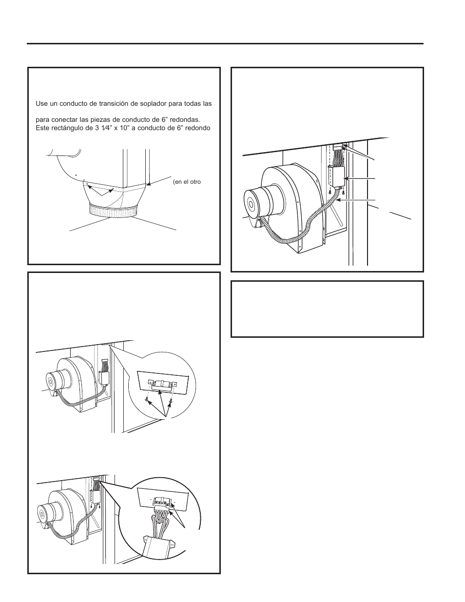 Cómo instalar la estufa (cont.), Conexiones eléctricas del soplador, Conexiones eléctricas del soplador (cont.) | Cómo conectar los conductos, Cómo pegar una transición de soplador | GE Profile 30 Inch Electric Cooktop Owners Guide User Manual | Page 51 / 58