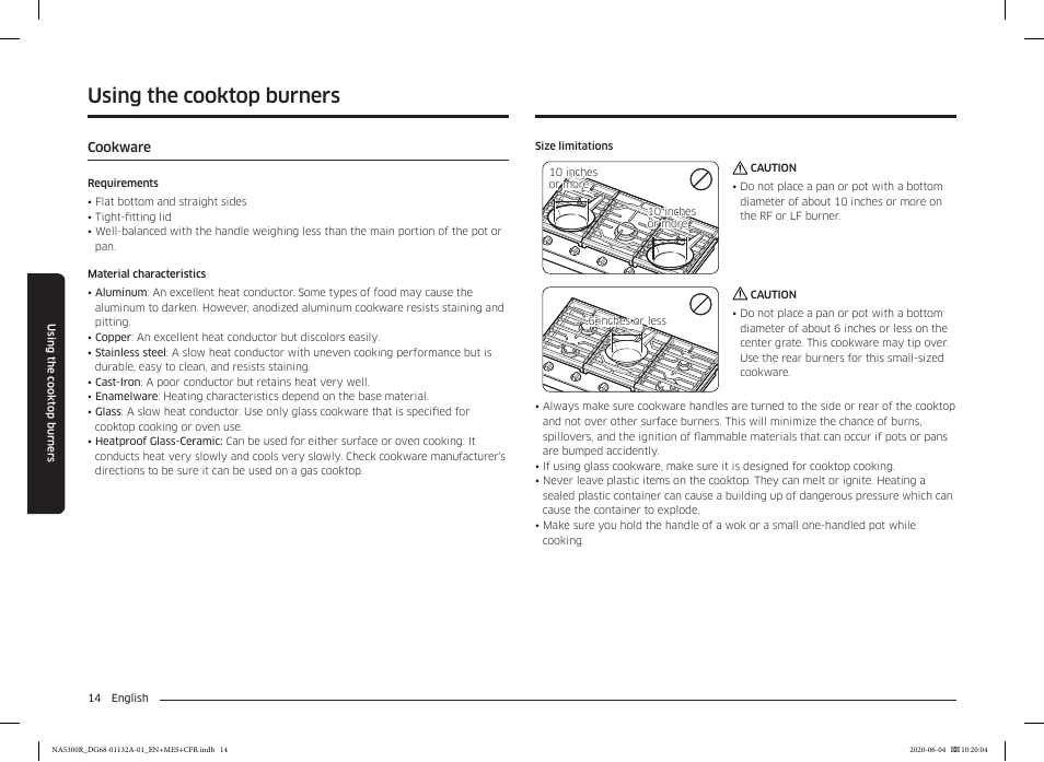 Cookware, Cookware 14, Using the cooktop burners | Samsung 36 Inch Gas Cooktop User Manual User Manual | Page 14 / 84
