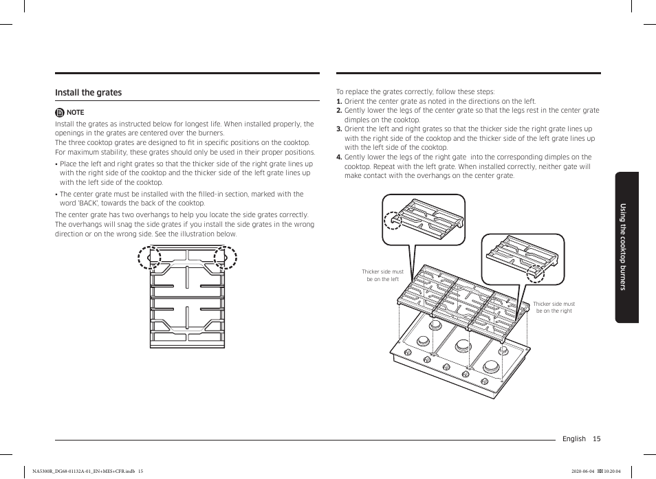 Install the grates | Samsung 36 Inch Gas Cooktop User Manual User Manual | Page 15 / 84