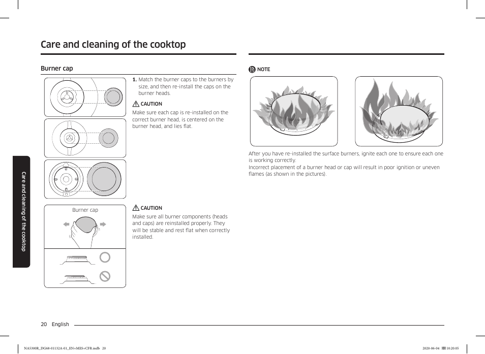 Burner cap, Care and cleaning of the cooktop | Samsung 36 Inch Gas Cooktop User Manual User Manual | Page 20 / 84