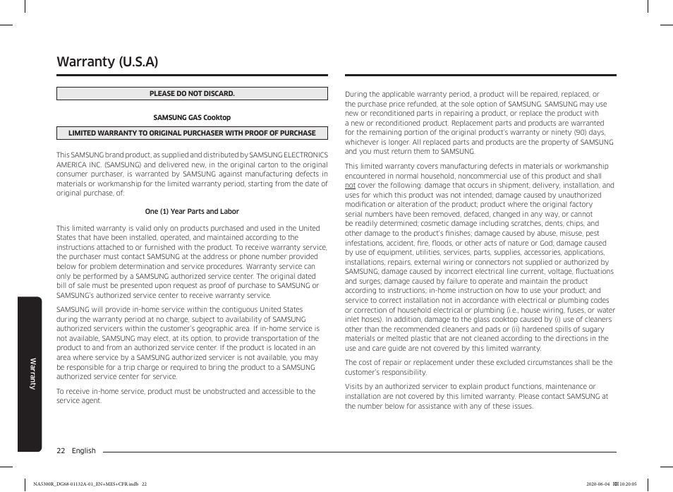 Warranty (u.s.a) | Samsung 36 Inch Gas Cooktop User Manual User Manual | Page 22 / 84