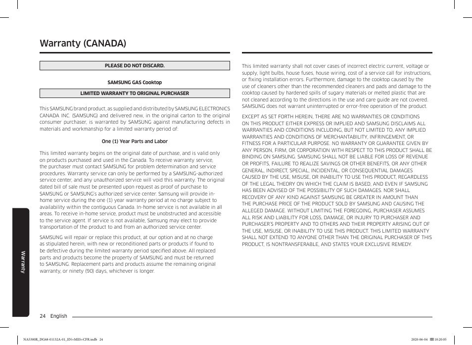 Warranty (canada), Warranty warranty (canada) | Samsung 36 Inch Gas Cooktop User Manual User Manual | Page 24 / 84