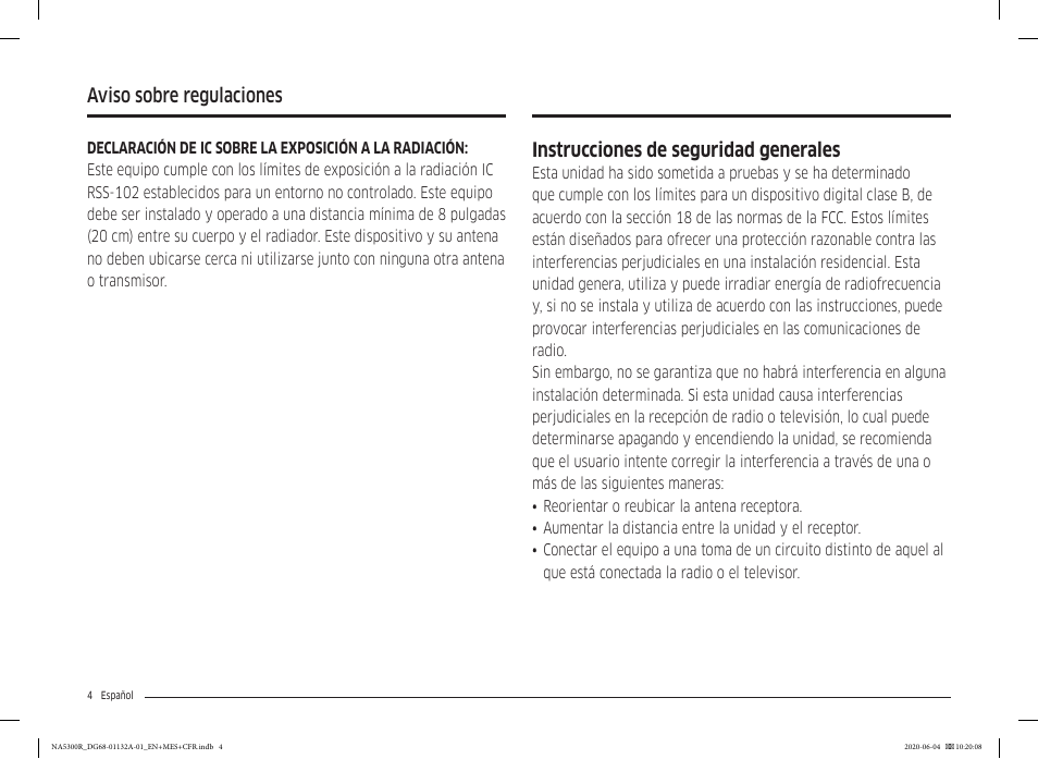 Instrucciones de seguridad generales, Aviso sobre regulaciones | Samsung 36 Inch Gas Cooktop User Manual User Manual | Page 32 / 84