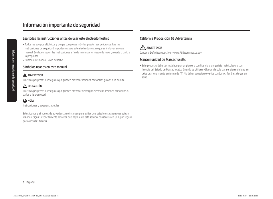 Información importante de seguridad | Samsung 36 Inch Gas Cooktop User Manual User Manual | Page 34 / 84