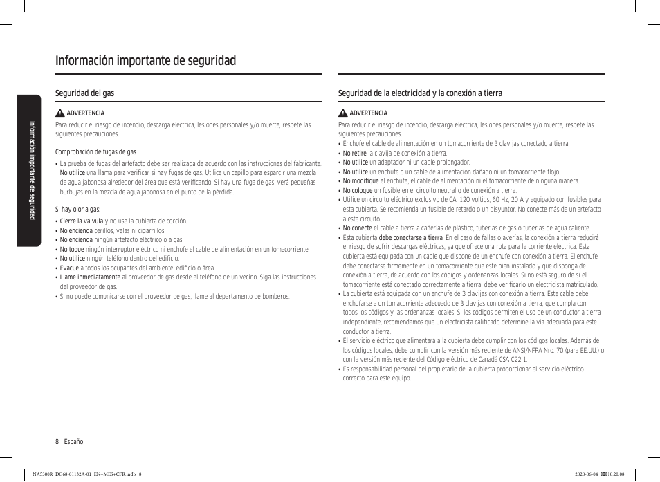 Información importante de seguridad | Samsung 36 Inch Gas Cooktop User Manual User Manual | Page 36 / 84
