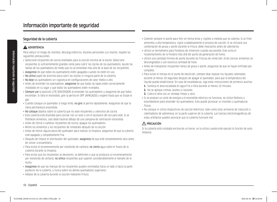 Información importante de seguridad | Samsung 36 Inch Gas Cooktop User Manual User Manual | Page 38 / 84