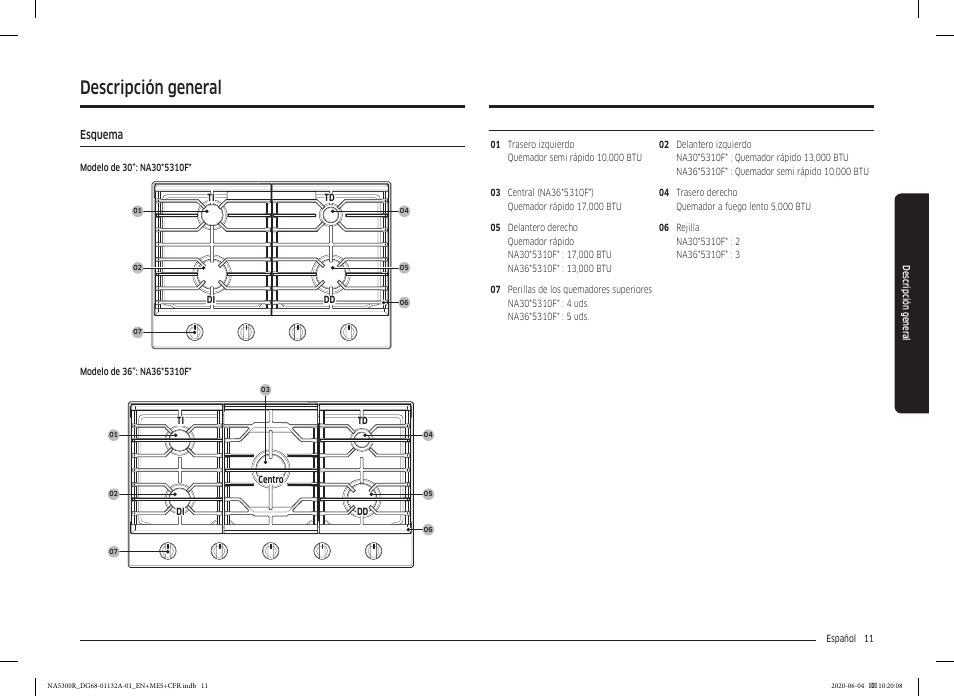 Descripción general, Esquema, Esquema 11 | Samsung 36 Inch Gas Cooktop User Manual User Manual | Page 39 / 84