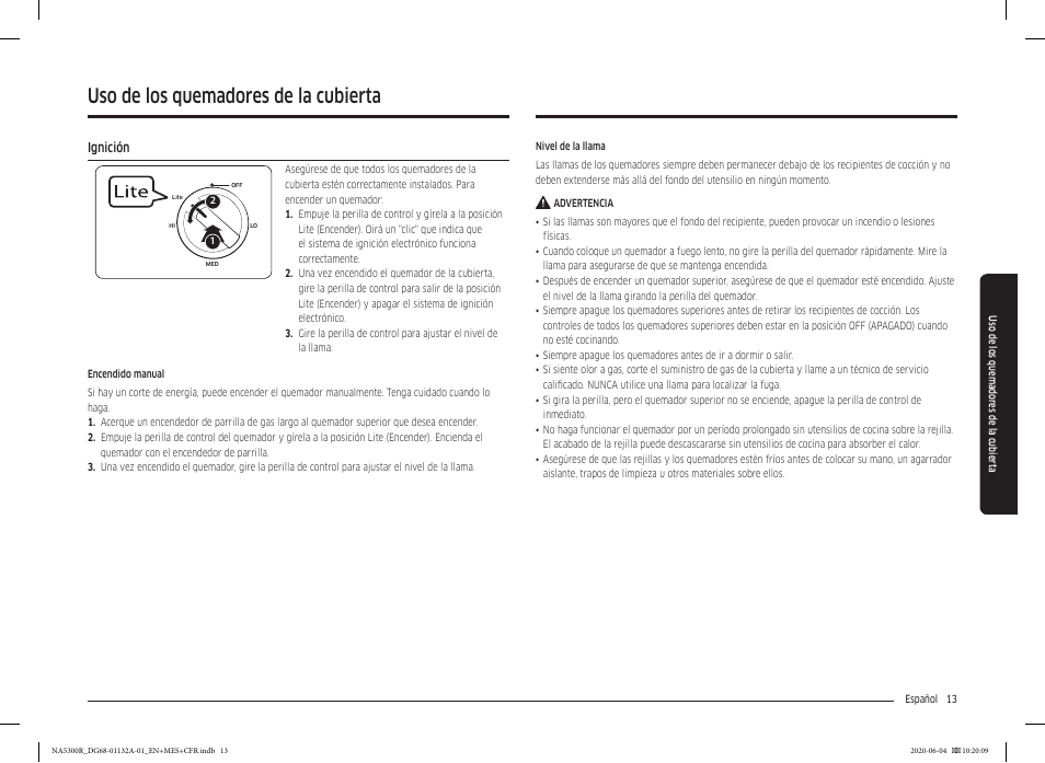 Uso de los quemadores de la cubierta, Ignición, Ignición 13 | Samsung 36 Inch Gas Cooktop User Manual User Manual | Page 41 / 84