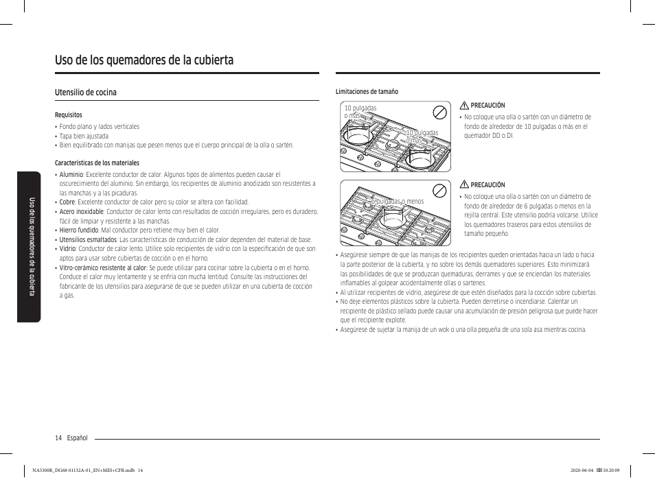 Utensilio de cocina, Uso de los quemadores de la cubierta | Samsung 36 Inch Gas Cooktop User Manual User Manual | Page 42 / 84