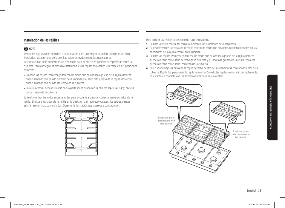 Instalación de las rejillas | Samsung 36 Inch Gas Cooktop User Manual User Manual | Page 43 / 84