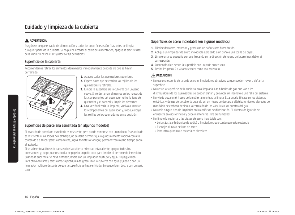 Cuidado y limpieza de la cubierta, Superficie de la cubierta | Samsung 36 Inch Gas Cooktop User Manual User Manual | Page 44 / 84