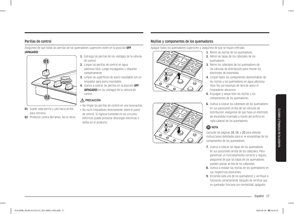 Perillas de control, Rejillas y componentes de los quemadores | Samsung 36 Inch Gas Cooktop User Manual User Manual | Page 45 / 84