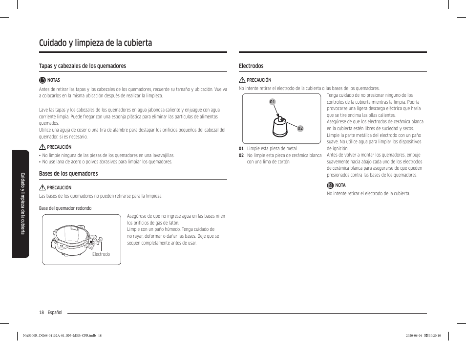 Tapas y cabezales de los quemadores, Bases de los quemadores, Electrodos | Electrodos 18, Cuidado y limpieza de la cubierta | Samsung 36 Inch Gas Cooktop User Manual User Manual | Page 46 / 84