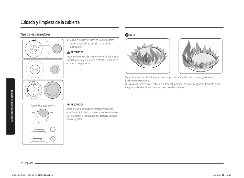 Tapa de los quemadores, Cuidado y limpieza de la cubierta | Samsung 36 Inch Gas Cooktop User Manual User Manual | Page 48 / 84