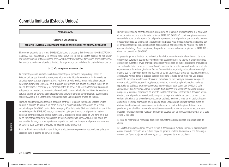 Garantía limitada (estados unidos) | Samsung 36 Inch Gas Cooktop User Manual User Manual | Page 50 / 84