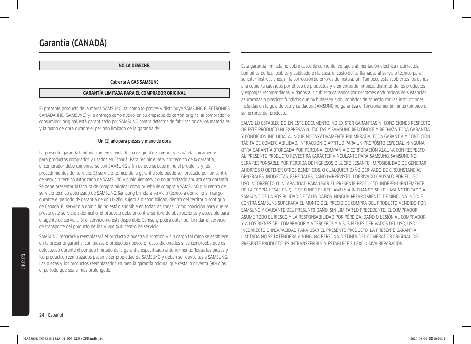 Garantía (canadá), Garantía garantía (canadá) | Samsung 36 Inch Gas Cooktop User Manual User Manual | Page 52 / 84