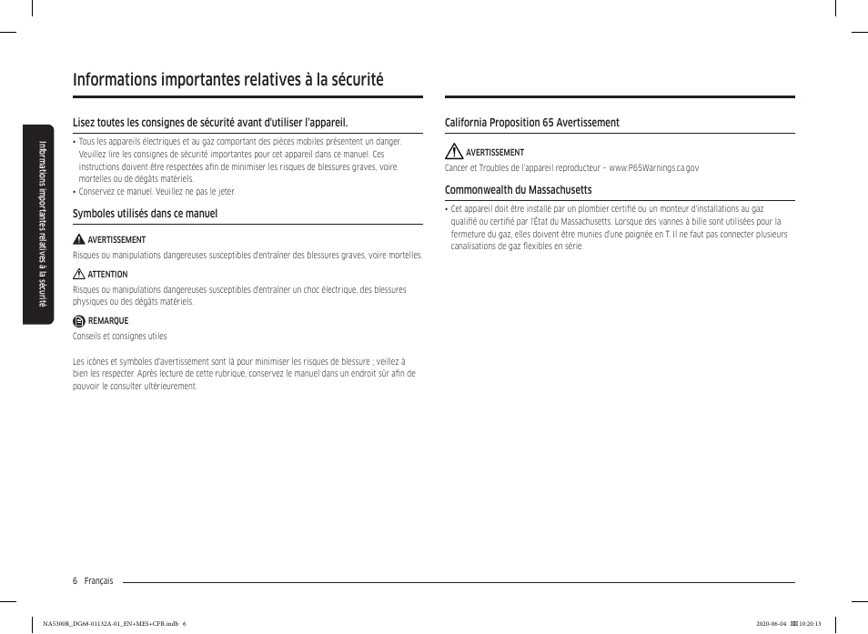 Informations importantes relatives à la sécurité | Samsung 36 Inch Gas Cooktop User Manual User Manual | Page 62 / 84
