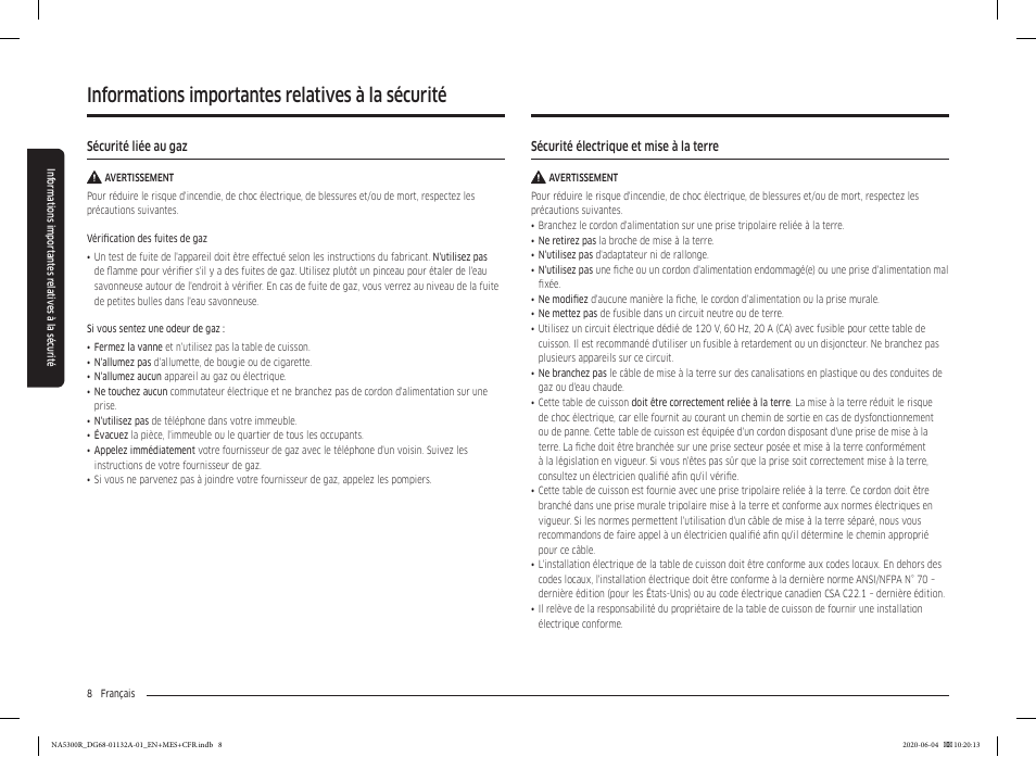 Informations importantes relatives à la sécurité | Samsung 36 Inch Gas Cooktop User Manual User Manual | Page 64 / 84