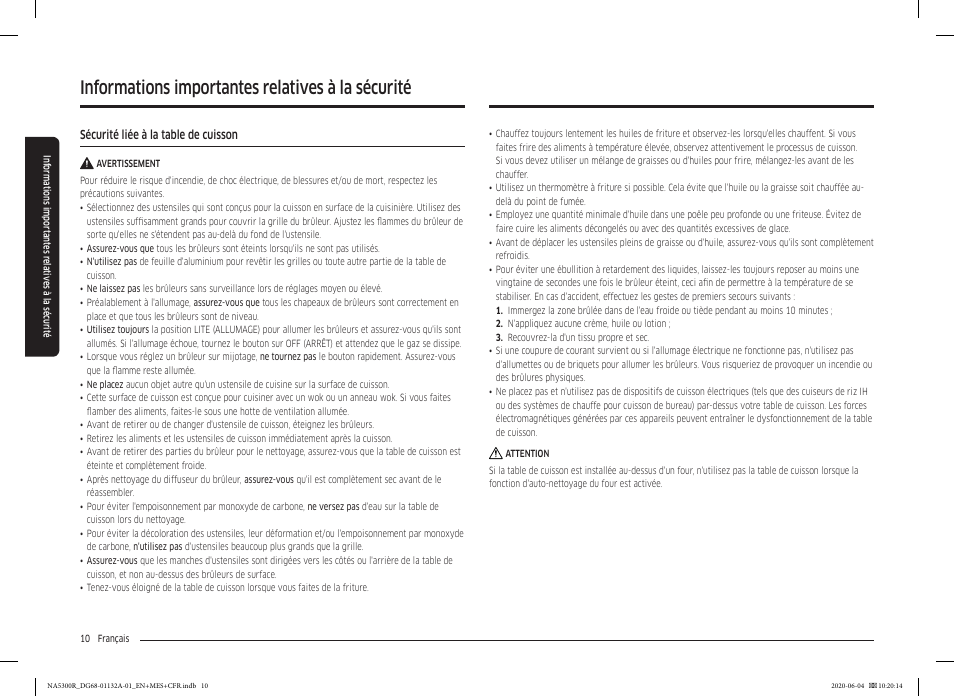 Informations importantes relatives à la sécurité | Samsung 36 Inch Gas Cooktop User Manual User Manual | Page 66 / 84