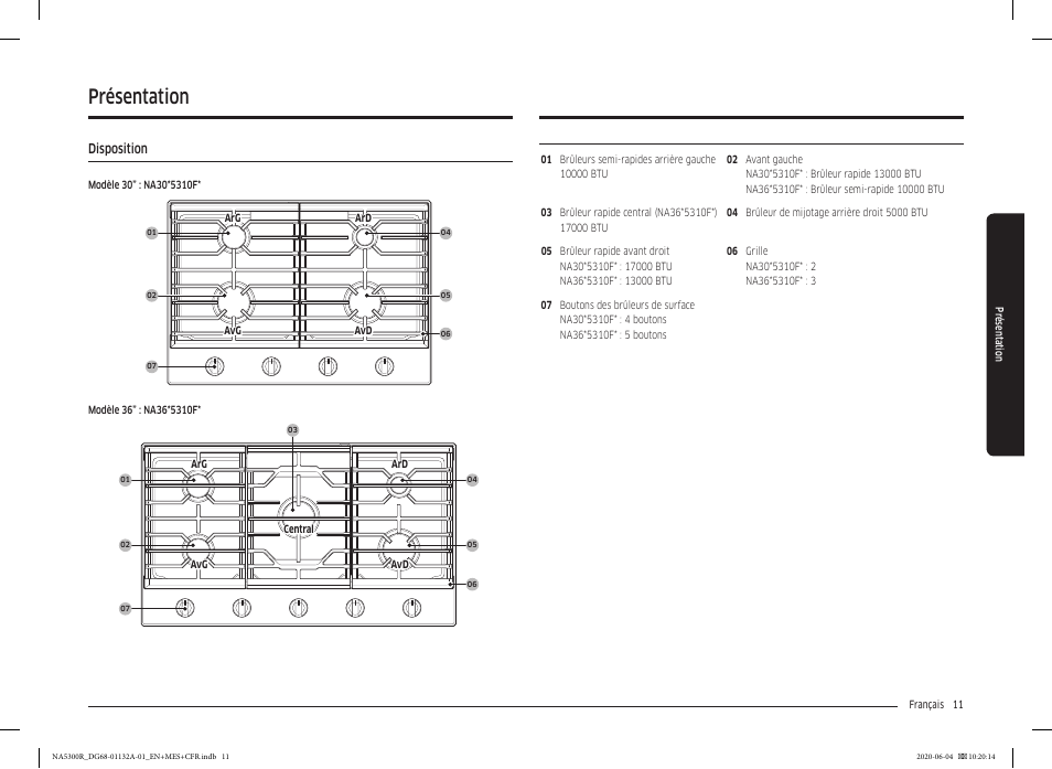 Présentation, Disposition, Disposition 11 | Samsung 36 Inch Gas Cooktop User Manual User Manual | Page 67 / 84