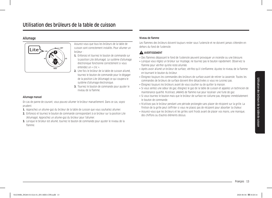 Utilisation des brûleurs de la table de cuisson, Allumage, Allumage 13 | Samsung 36 Inch Gas Cooktop User Manual User Manual | Page 69 / 84