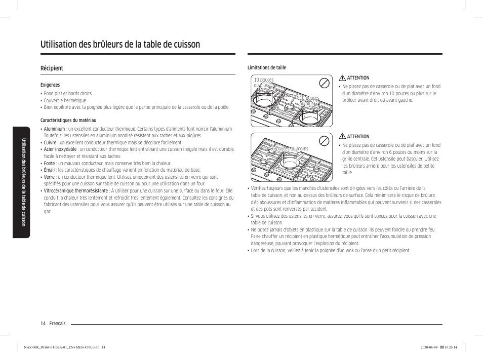 Récipient, Récipient 14, Utilisation des brûleurs de la table de cuisson | Samsung 36 Inch Gas Cooktop User Manual User Manual | Page 70 / 84