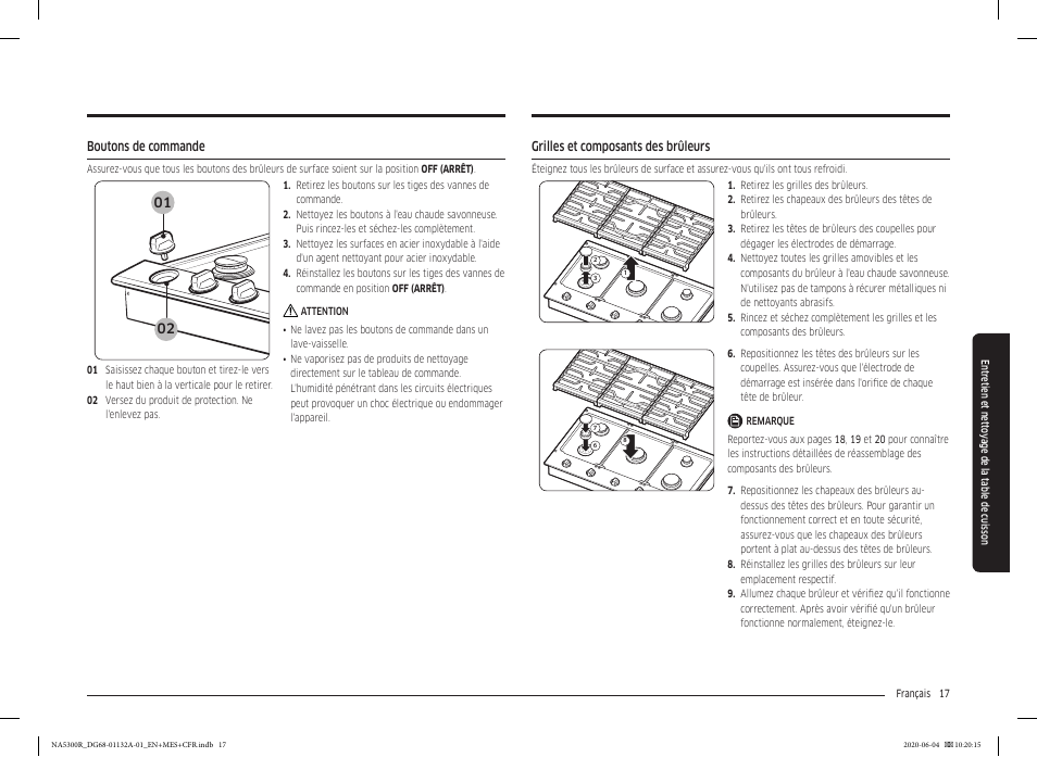 Boutons de commande, Grilles et composants des brûleurs | Samsung 36 Inch Gas Cooktop User Manual User Manual | Page 73 / 84