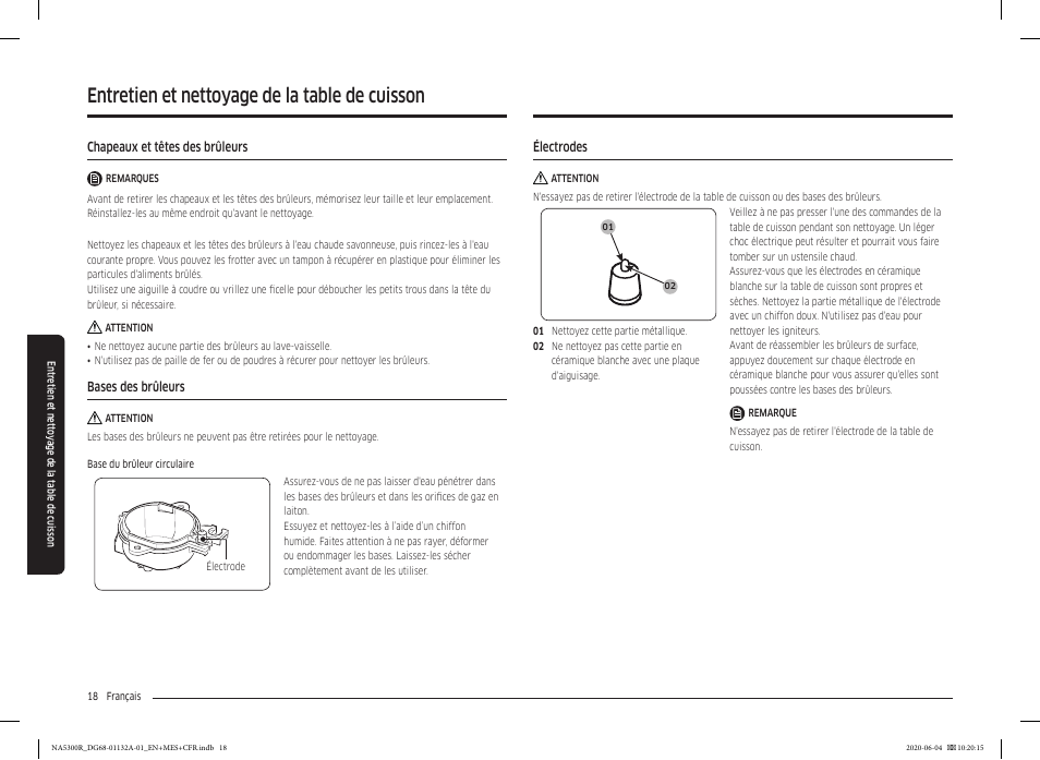 Chapeaux et têtes des brûleurs, Bases des brûleurs, Électrodes | Électrodes 18, Entretien et nettoyage de la table de cuisson | Samsung 36 Inch Gas Cooktop User Manual User Manual | Page 74 / 84