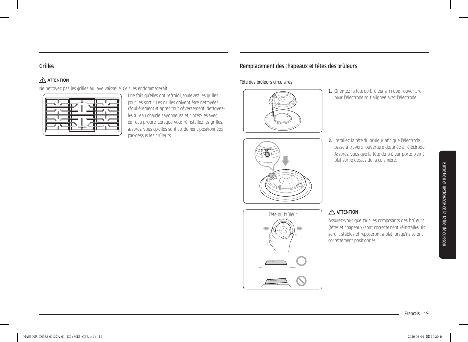 Grilles, Remplacement des chapeaux et têtes des brûleurs | Samsung 36 Inch Gas Cooktop User Manual User Manual | Page 75 / 84