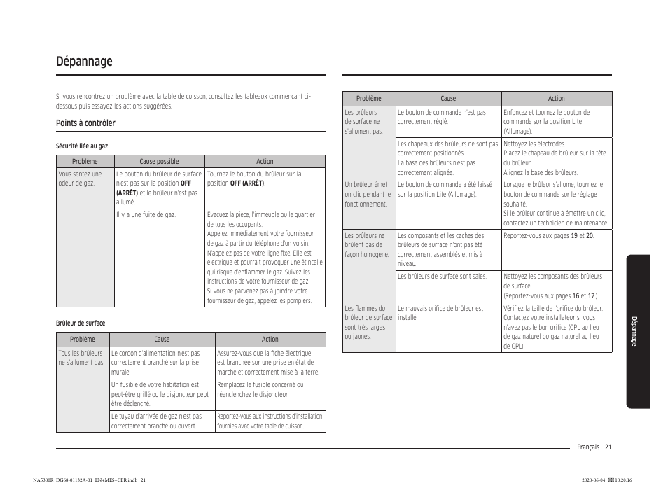 Dépannage, Points à contrôler | Samsung 36 Inch Gas Cooktop User Manual User Manual | Page 77 / 84