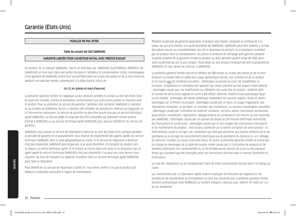 Garantie (états-unis) | Samsung 36 Inch Gas Cooktop User Manual User Manual | Page 78 / 84
