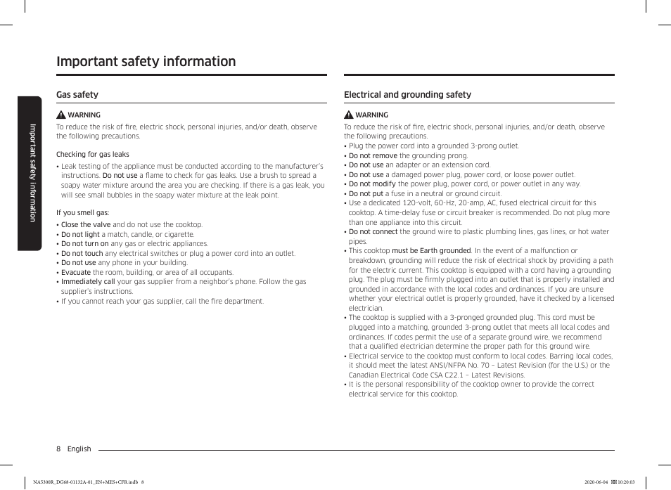 Important safety information | Samsung 36 Inch Gas Cooktop User Manual User Manual | Page 8 / 84