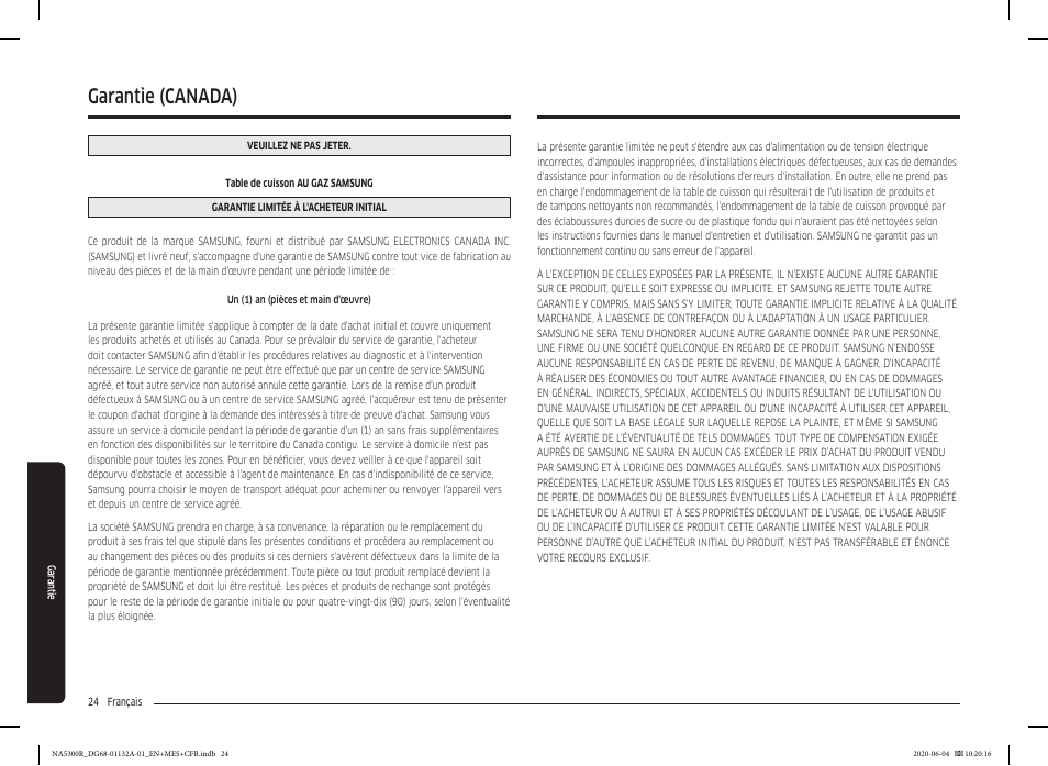 Garantie (canada), Garantie garantie (canada) | Samsung 36 Inch Gas Cooktop User Manual User Manual | Page 80 / 84