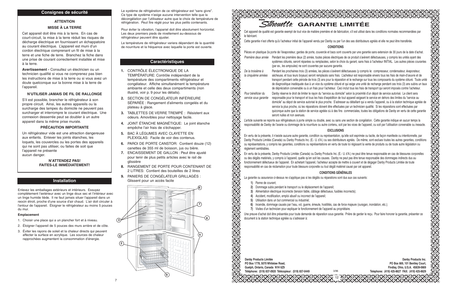 Garantie limitée, Consignes de sécurité installation, Caractéristiques | Danby DFF1044W/BLS User Manual | Page 10 / 12