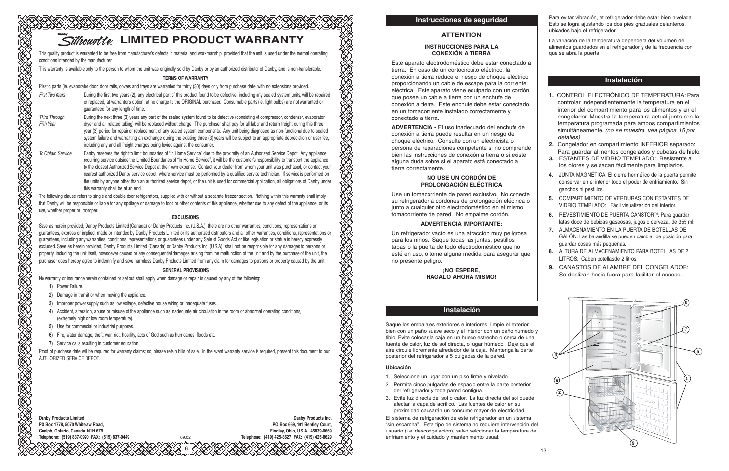 Limited product warranty, Instrucciones de seguridad instalación, Instalación | Danby DFF1044W/BLS User Manual | Page 8 / 12